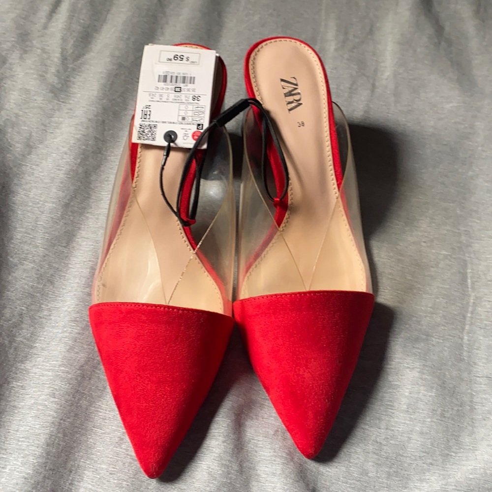 Zara Red with clear slide on heels